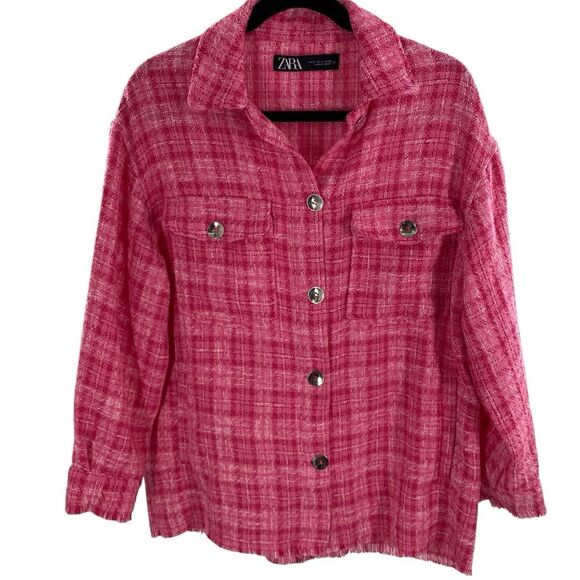 Zara Women’s S Oversized Shirt Jacket Pink Bouclee Plaid Tweed Fringe Hem Barbie - Picture 3 of 10